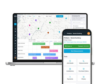 a laptop computer screen and mobile phone showing examples of glazier software's all in one business management software for glazing contractors